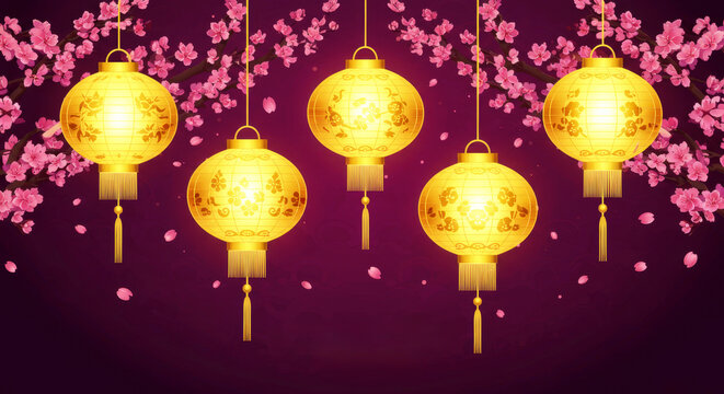 Golden Chinese lantern hanging under a blooming cherry blossom branch. Traditional festive decoration for Asian holiday celebration.