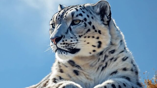 Snow leopard resting on a rocky outcrop with mountain background