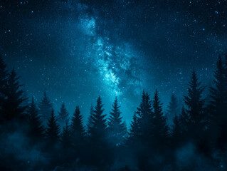 Fototapeta premium Deep blue hues envelop a forest as countless stars twinkle overhead. The Milky Way stretches across the night sky, showcasing the beauty of a peaceful, starlit landscape