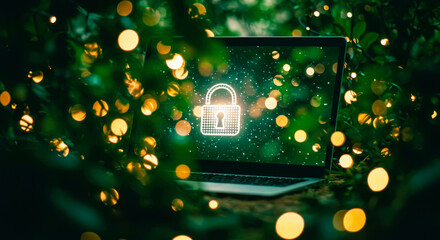 Laptop displaying a lock icon representing data security and privacy. Cybersecurity concept for online protection and secure network access.