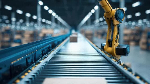 Robotic arm with a gripper on a conveyor belt in a factory moving a cardboard box.