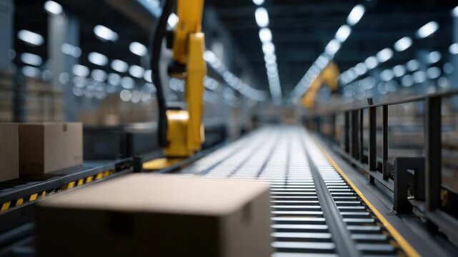 A yellow robotic arm operates on a conveyor in a warehouse, picking up a cardboard box.