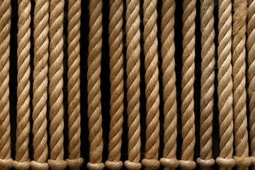 Close up of parallel hemp ropes hanging against a dark background, creating a striking textured pattern