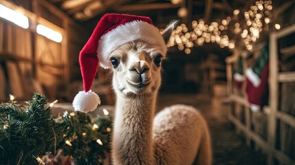 Obraz premium Baby llama wearing a Santa hat, standing by a decorated barn .