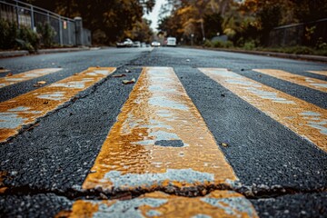 Close up of a worn yellow crosswalk stretching towards blurry cars on a street flanked by autumn trees