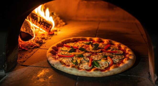 Freshly made vegetarian pizza baking in a traditional wood-fired brick oven with glowing flames