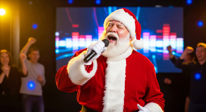 Santa claus singing karaoke on stage with happy people dancing in the background. Christmas entertainment for holiday party with joyful celebration. - Powered by Adobe