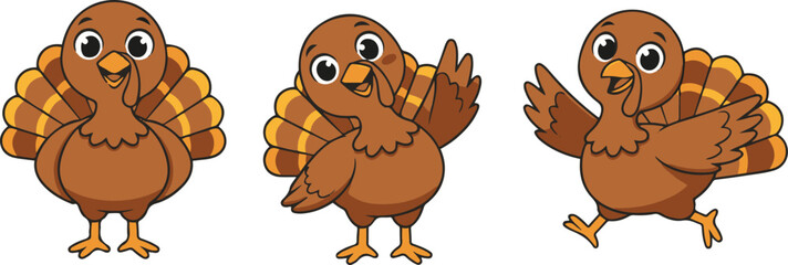 A playful set of three cute vector illustrations featuring a brown Thanksgiving turkey mascot character with a fanned tail, depicted in standing, waving, and running poses.