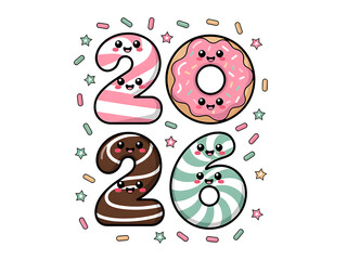 Kawaii Candy and Donut 2026 Numbers &ndash; Cute Sweet New Year Illustration