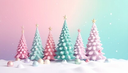 Christmas trees with star toppers and colorful ornaments on teal-pink gradient background.