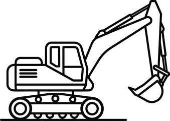 Black and white line drawing of excavator with tracked base and articulated bucket arm