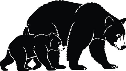 Cartoon bear parent and cub, walking together, black and white, silhouette style, wildlife bond, vector art, nature theme