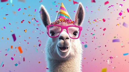 Obraz premium A fun and vibrant scene featuring a llama with pink glasses and a colorful party hat, surrounded by confetti. .