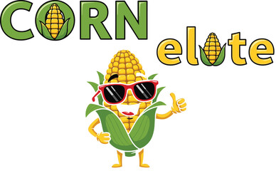Cartoon corn character with sunglasses and playful “CORN” and “elote” typography design