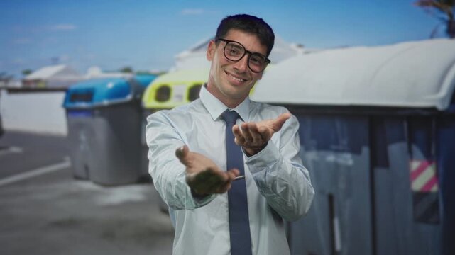 Man in white shirt and tie holds open hands to camera on urban street by recycling bins; invitation.
