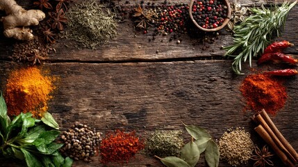 Aromatic spice collection displayed on rustic wood, creating a warm ambiance