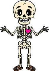 Cartoon skeleton with heart and raised arms in cheerful pose wearing sandals