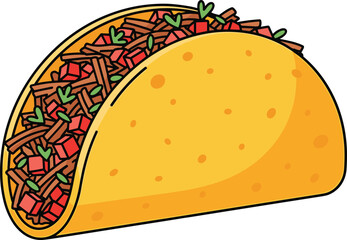 Cartoon taco illustration, yellow shell, shredded meat, diced tomato, herbs, Mexican food, vector art, colorful snack design