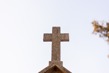 Low Angle Outdoor Stone Cross Symbolic of Faith and Belief