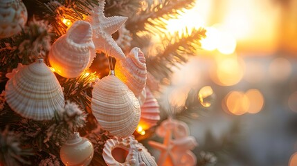 Tropical-themed Christmas tree with seashell ornaments, blurred beach sunset background .