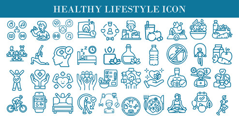 Modern healthy lifestyle icon set featuring wellness, fitness, nutrition, mindfulness, and self care doodle symbol. Perfect for app, infographic, medical guide, coaching, blogs, and wellness branding.