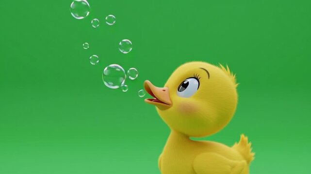 cute yellow duck cartoon blowing soap bubbles from its mouth on a green background