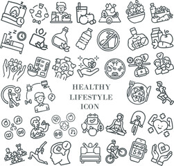 Modern healthy lifestyle icon set featuring wellness, fitness, nutrition, mindfulness, and self care doodle symbol. Perfect for app, infographic, medical guide, coaching, blogs, and wellness branding.
