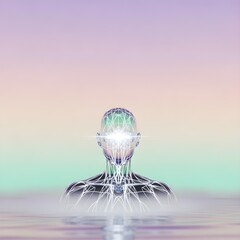 Intriguing Xenongraphicp: A Futuristic Figure of Translucent Allure, Radiating Minimal Elegance and Timeless Mystery Amid a Captivating Dreamlike Pastel Horizon