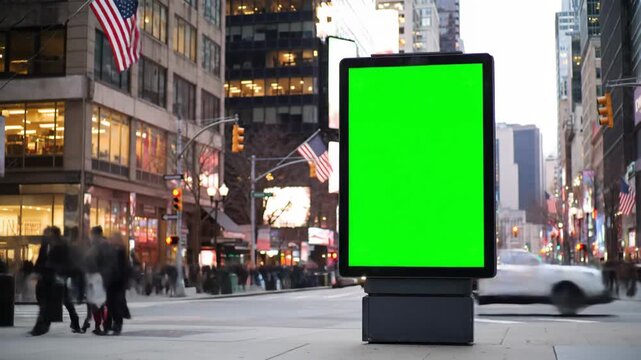 Green Screen Billboard in Times Square New York City with Blurry Traffic and Pedestrians.