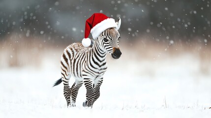 Naklejka premium Baby zebra with a Santa hat, trotting through a snowy field .