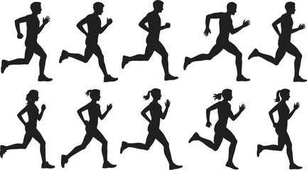 Silhouettes of male and female runners in motion on a white background Keywords: running, runner, silhouette, male, female, man
