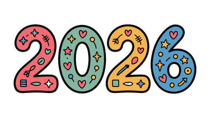 New Year's Eve: The year 2026 is shown, designed with colors, hearts, and stars that evoke festive celebrations and anticipate new opportunities