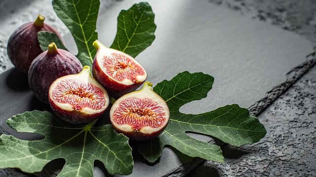 Fresh figs with green leaves on a dark background, healthy fruit, close-up shot.