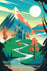 Naklejka premium Fantasy landscape, castle on hill, winding path, river and trees, snow-capped mountain, vibrant sky, vector illustration, stock design, adventure scene