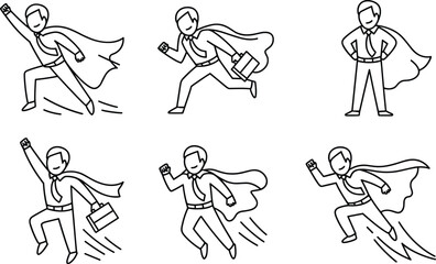 Six Line Art Superhero Business People Poses With Capes And Briefcases person businessman