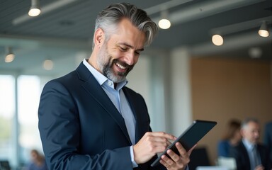 Happy middle aged business man ceo wearing suit standing in office using digital tablet. High quality