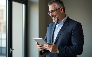 Happy middle aged business man ceo wearing suit standing in office using digital tablet. High quality