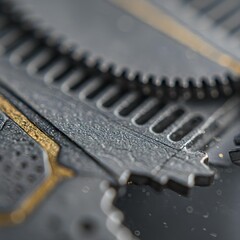 Intricate Macro Abstract Composition: A Xeroxgraphy-Inspired Overlay of Blurred Mechanical and Organic Textures in Refined Grayscale and Metallic Tones for Upscale Contemporary Design