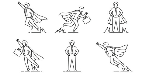 Six Line Art Superhero Business People Poses With Capes And Briefcases person businessman