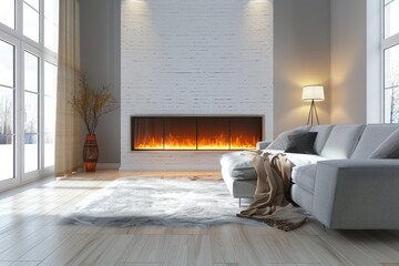 Obraz premium Warm and inviting living room with a modern fireplace, comfortable sofa, and a view of a snowy winter landscape