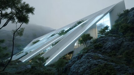 A modern architectural marvel with sleek lines and glowing strips, surrounded by lush greenery and misty rocky terrain creating a serene atmosphere.