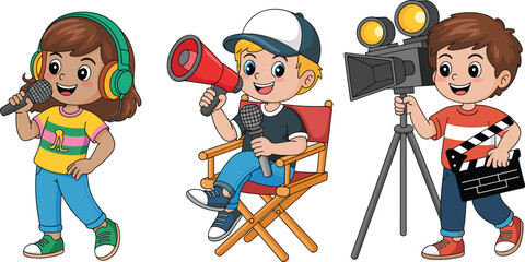 Kids Filmmaking and Media Production Roles: Cartoon Children Acting as Director, Cameraman with Clapperboard, and Singer/Sound Engineer, Representing Creativity and Career Exploration © Tanzila