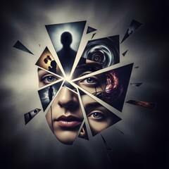 WoundedVision: Surreal Odyssey of Fractured Faces Merging with Shadowy Reflections, Expressing Profound Mental Distress and Inner Turmoil in Muted Colors