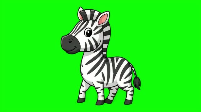 Cute Animated Cartoon Zebra Character Walking on Green Screen Background for Chroma Key Compositing