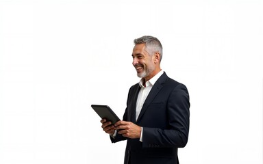 Happy mature business man using digital tablet isolated on white background. Middle aged ceo executive wearing suit, older businessman professional entrepreneur looking away at copy space.