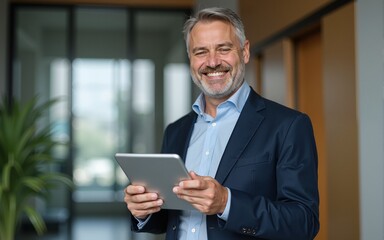 Happy middle aged business man ceo wearing suit standing in office using digital tablet. Smiling mature businessman professional executive manager looking away thinking working on tech device.