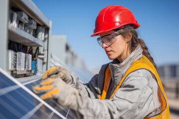 Female Worker Inspecting Solar Panel Electrical Components for Maintenance at Solar Energy Industry Site