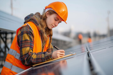 Female Worker Inspecting Solar Panel Electrical Components for Maintenance at Solar Energy Industry Site