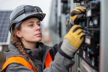Female Worker Inspecting Solar Panel Electrical Components for Maintenance at Solar Energy Industry Site