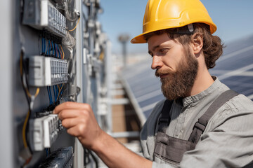 Male Worker Inspecting Solar Panel Electrical Components for Maintenance at Solar Energy Industry Site